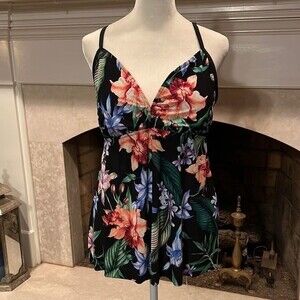 Aqua Green Floral Swim Dress - Black and Multicolor